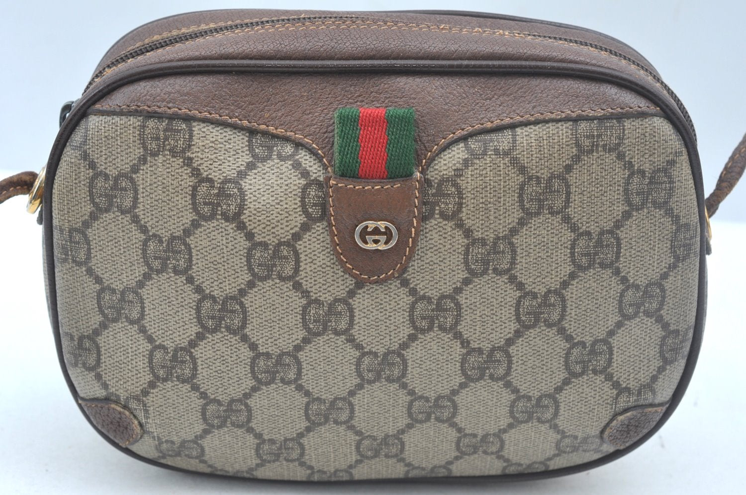 Authentic GUCCI Web Sherry Line Shoulder Cross Bag GG PVC Leather Brown K6556