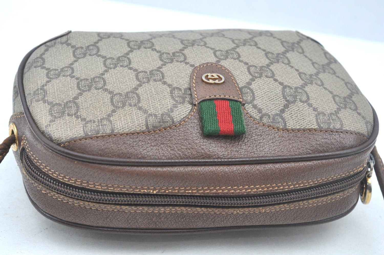 Authentic GUCCI Web Sherry Line Shoulder Cross Bag GG PVC Leather Brown K6556