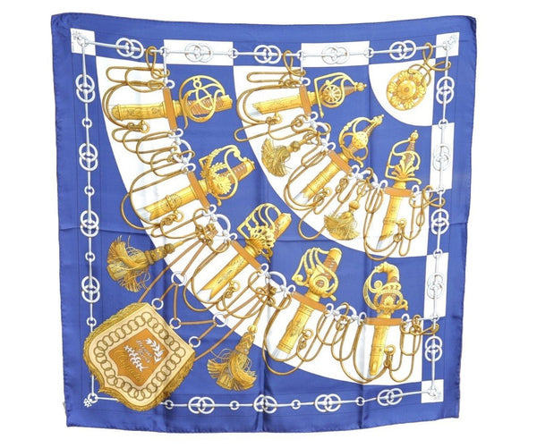 Authentic HERMES Carre 90 Scarf "Cliquetis" Silk Blue K6593