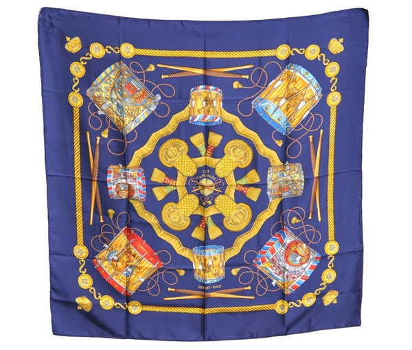 Authentic HERMES Carre 90 Scarf "LES TAMBOURS" Silk Navy K6595