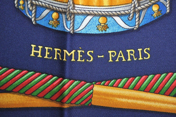 Authentic HERMES Carre 90 Scarf "LES TAMBOURS" Silk Navy K6595