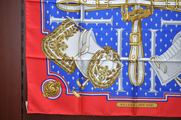 Authentic HERMES Carre 90 Scarf "SELLES A HOUSSE" Silk Red K6596