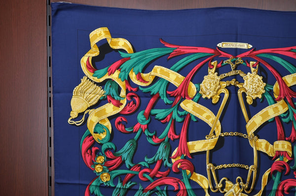 Authentic HERMES Carre 90 Scarf "LE MORS A LA CONETABLE" Silk Blue K6600