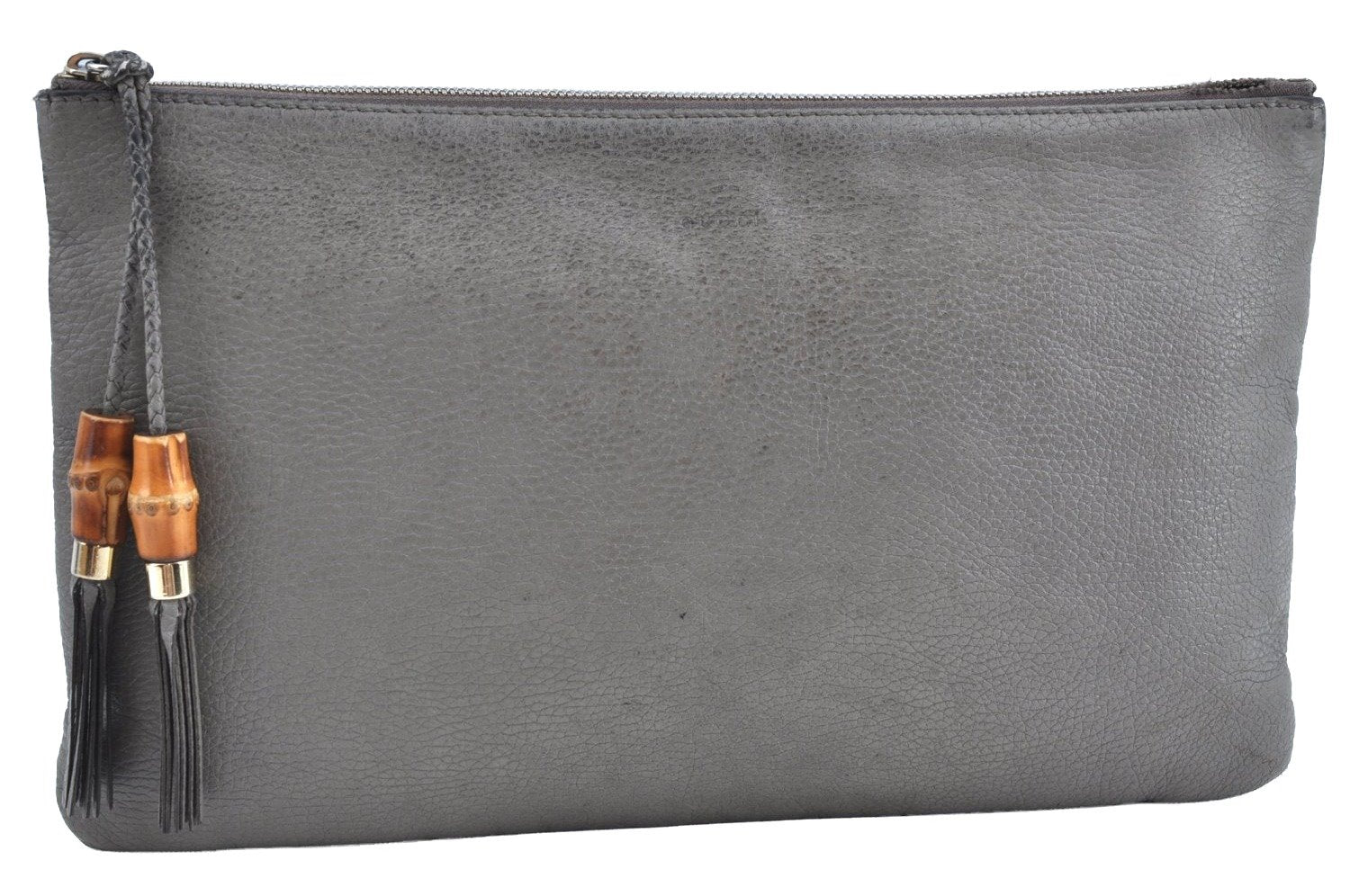 Authentic GUCCI Bamboo Tassel Clutch Hand Bag Purse Leather 449653 Gray K6621