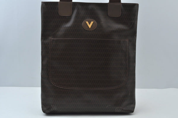 Authentic MARIO VALENTINO V Logo Shoulder Tote Bag PVC Leather Brown K6623