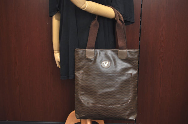 Authentic MARIO VALENTINO V Logo Shoulder Tote Bag PVC Leather Brown K6623