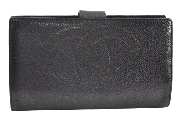 Authentic CHANEL Vintage Caviar Skin CC Logo Long Wallet Purse Black K6629