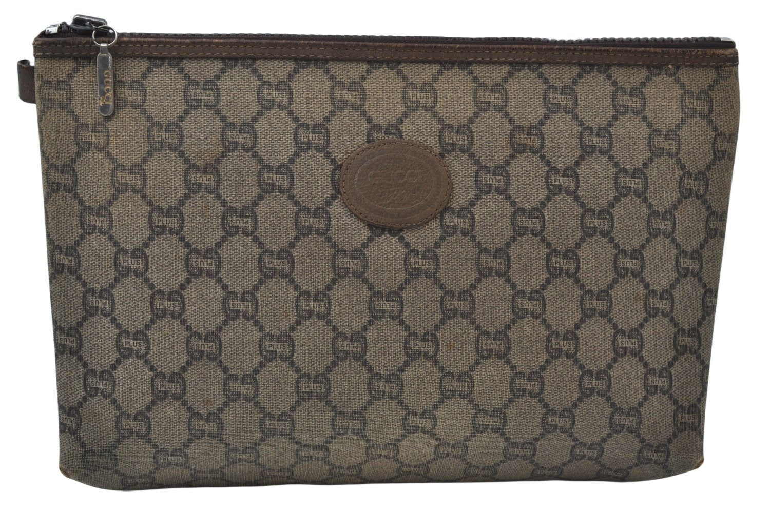 Authentic GUCCI Vintage GG Plus Clutch Hand Bag Purse PVC Leather Brown K6679