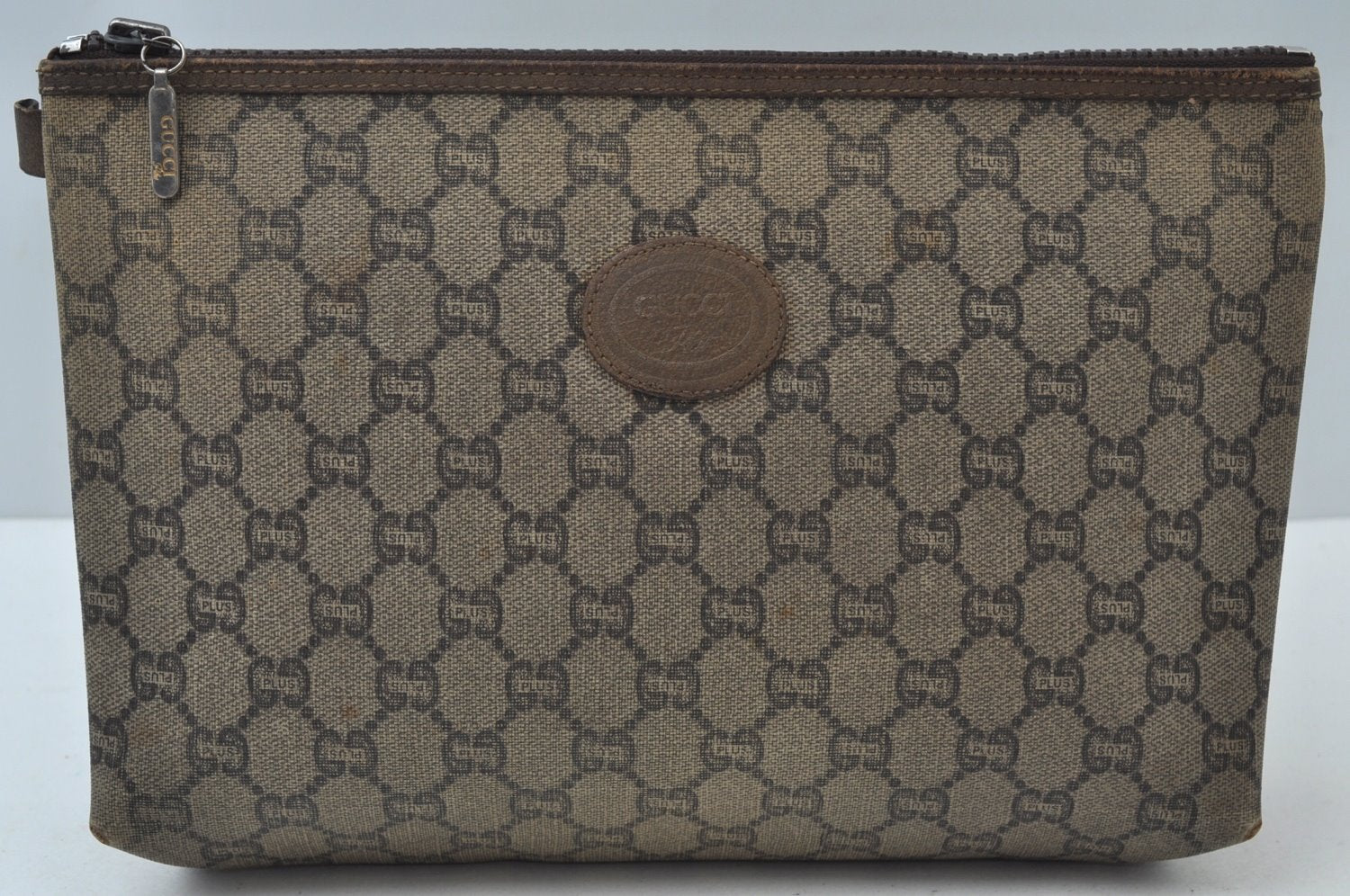 Authentic GUCCI Vintage GG Plus Clutch Hand Bag Purse PVC Leather Brown K6679