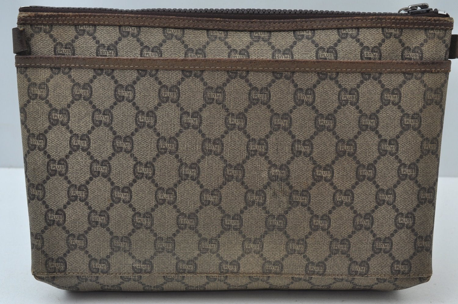 Authentic GUCCI Vintage GG Plus Clutch Hand Bag Purse PVC Leather Brown K6679