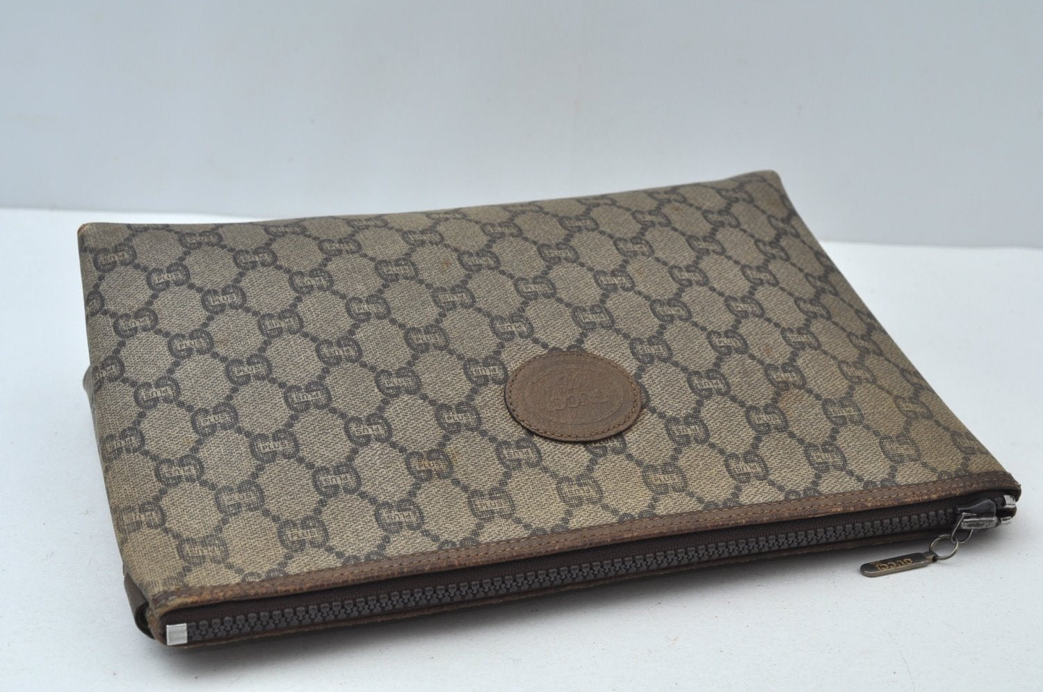 Authentic GUCCI Vintage GG Plus Clutch Hand Bag Purse PVC Leather Brown K6679