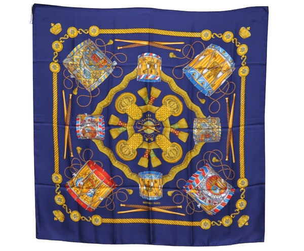 Authentic HERMES Carre 90 Scarf "LES TAMBOURS" Silk Navy K6708