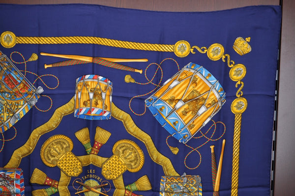 Authentic HERMES Carre 90 Scarf "LES TAMBOURS" Silk Navy K6708