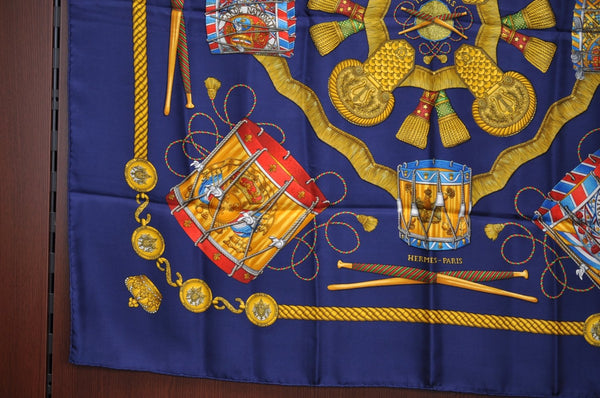 Authentic HERMES Carre 90 Scarf "LES TAMBOURS" Silk Navy K6708