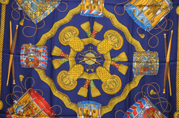 Authentic HERMES Carre 90 Scarf "LES TAMBOURS" Silk Navy K6708