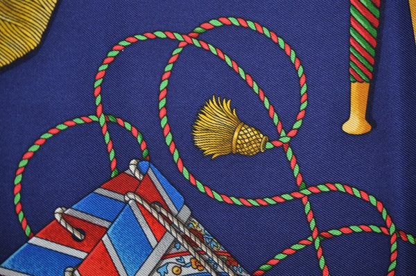 Authentic HERMES Carre 90 Scarf "LES TAMBOURS" Silk Navy K6708