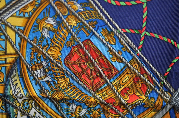 Authentic HERMES Carre 90 Scarf "LES TAMBOURS" Silk Navy K6708