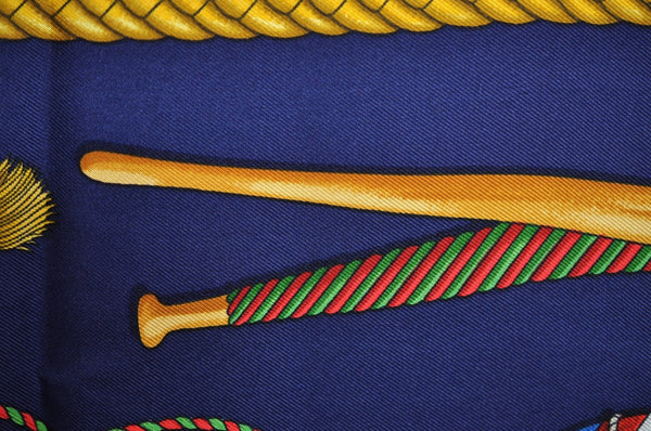 Authentic HERMES Carre 90 Scarf "LES TAMBOURS" Silk Navy K6708