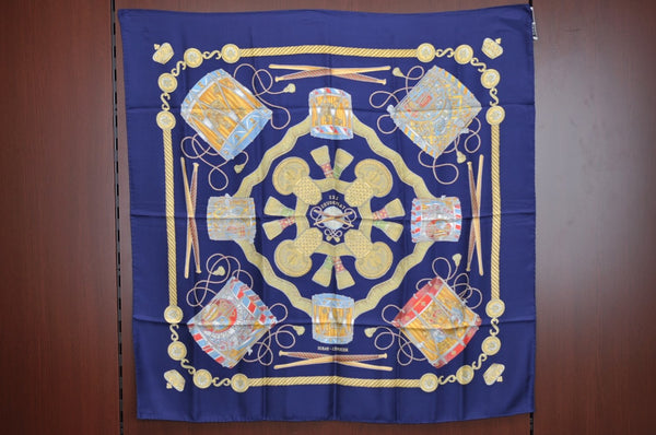 Authentic HERMES Carre 90 Scarf "LES TAMBOURS" Silk Navy K6708