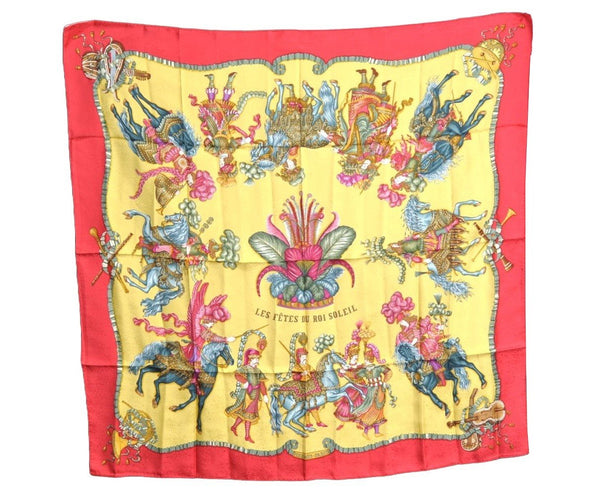 Authentic HERMES Carre 90 Scarf "LES FETES DU ROI SOLEIL" Silk Red K6754