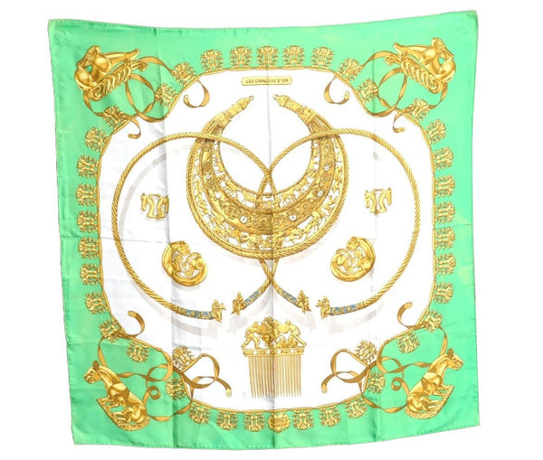 Authentic HERMES Carre 90 Scarf "LES CAVALIERS D'OR" Silk Green K6844