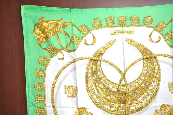 Authentic HERMES Carre 90 Scarf "LES CAVALIERS D'OR" Silk Green K6844