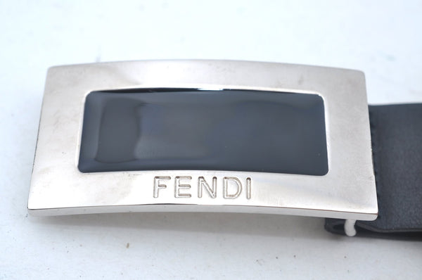 Authentic FENDI Vintage Belt Leather Size 110cm 43.3" Black Silver Box K6860