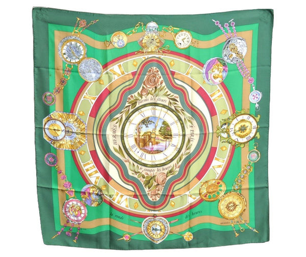 Authentic HERMES Carre 90 Scarf "parmi les fleurs je compt" Silk Green K6871