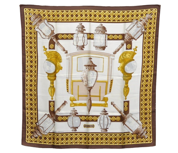 Authentic HERMES Carre 90 Scarf "FEUX DE ROUTE" Silk Brown K6873