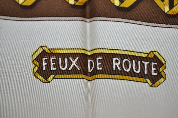 Authentic HERMES Carre 90 Scarf "FEUX DE ROUTE" Silk Brown K6873