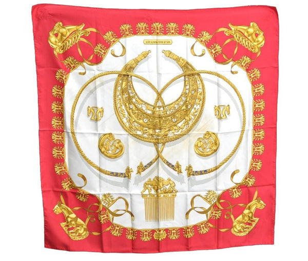 Authentic HERMES Carre 90 Scarf "LES CAVALIERS D`OR" Silk Red K6882