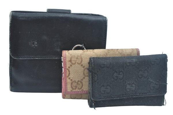 Auth GUCCI 6 Hooks Key Case Wallet Canvas Leather Black Brown 3Set Junk K6893