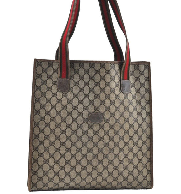 Authentic GUCCI Web Sherry Line Shoulder Tote Bag GG PVC Leather Brown K6925