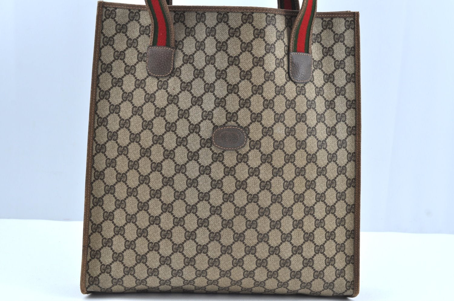 Authentic GUCCI Web Sherry Line Shoulder Tote Bag GG PVC Leather Brown K6925
