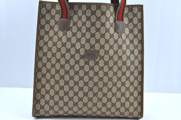 Authentic GUCCI Web Sherry Line Shoulder Tote Bag GG PVC Leather Brown K6925