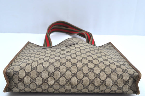 Authentic GUCCI Web Sherry Line Shoulder Tote Bag GG PVC Leather Brown K6925