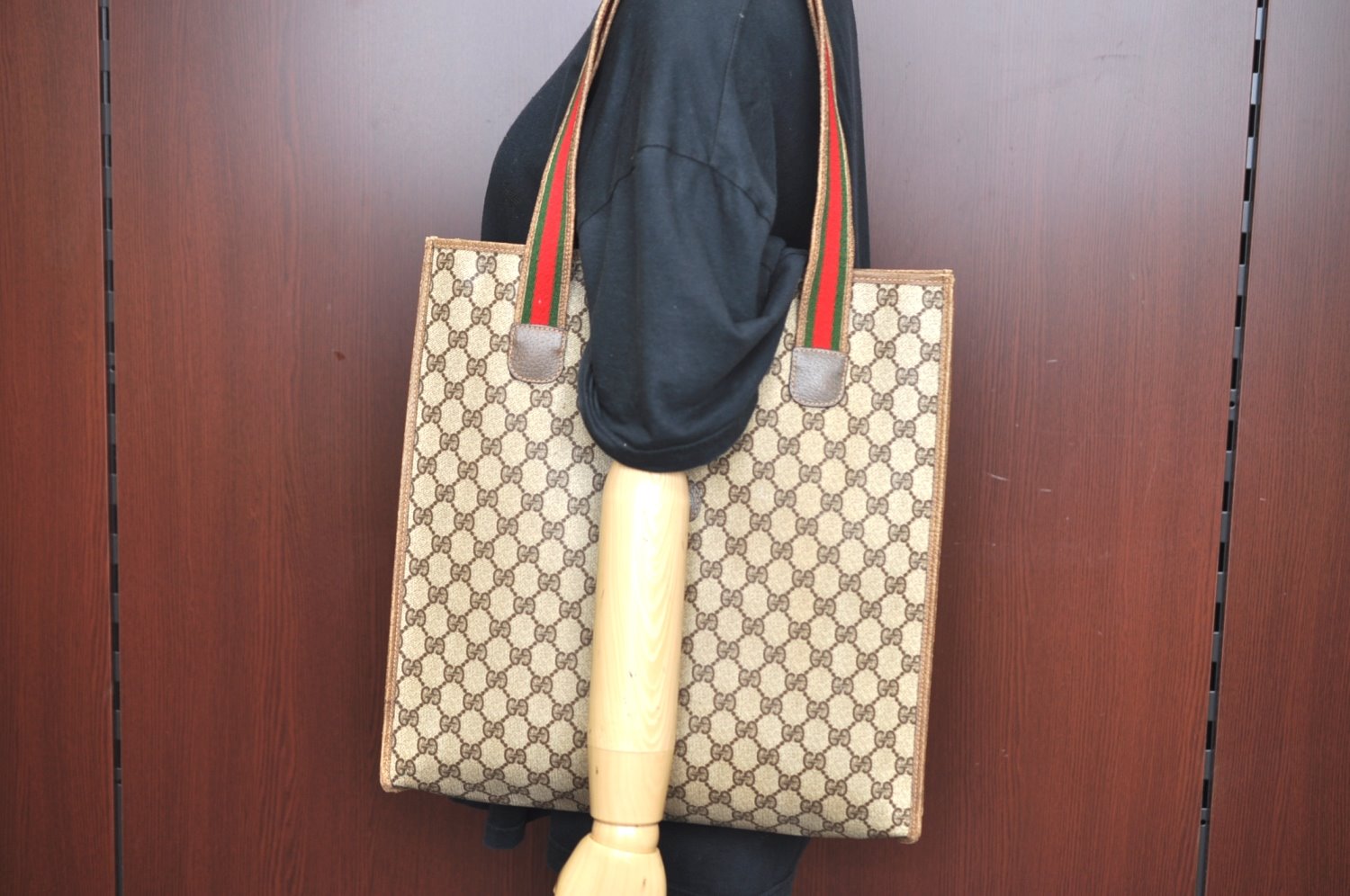 Authentic GUCCI Web Sherry Line Shoulder Tote Bag GG PVC Leather Brown K6925