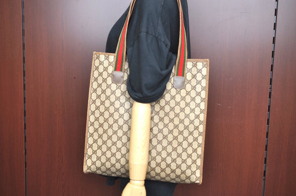 Authentic GUCCI Web Sherry Line Shoulder Tote Bag GG PVC Leather Brown K6925
