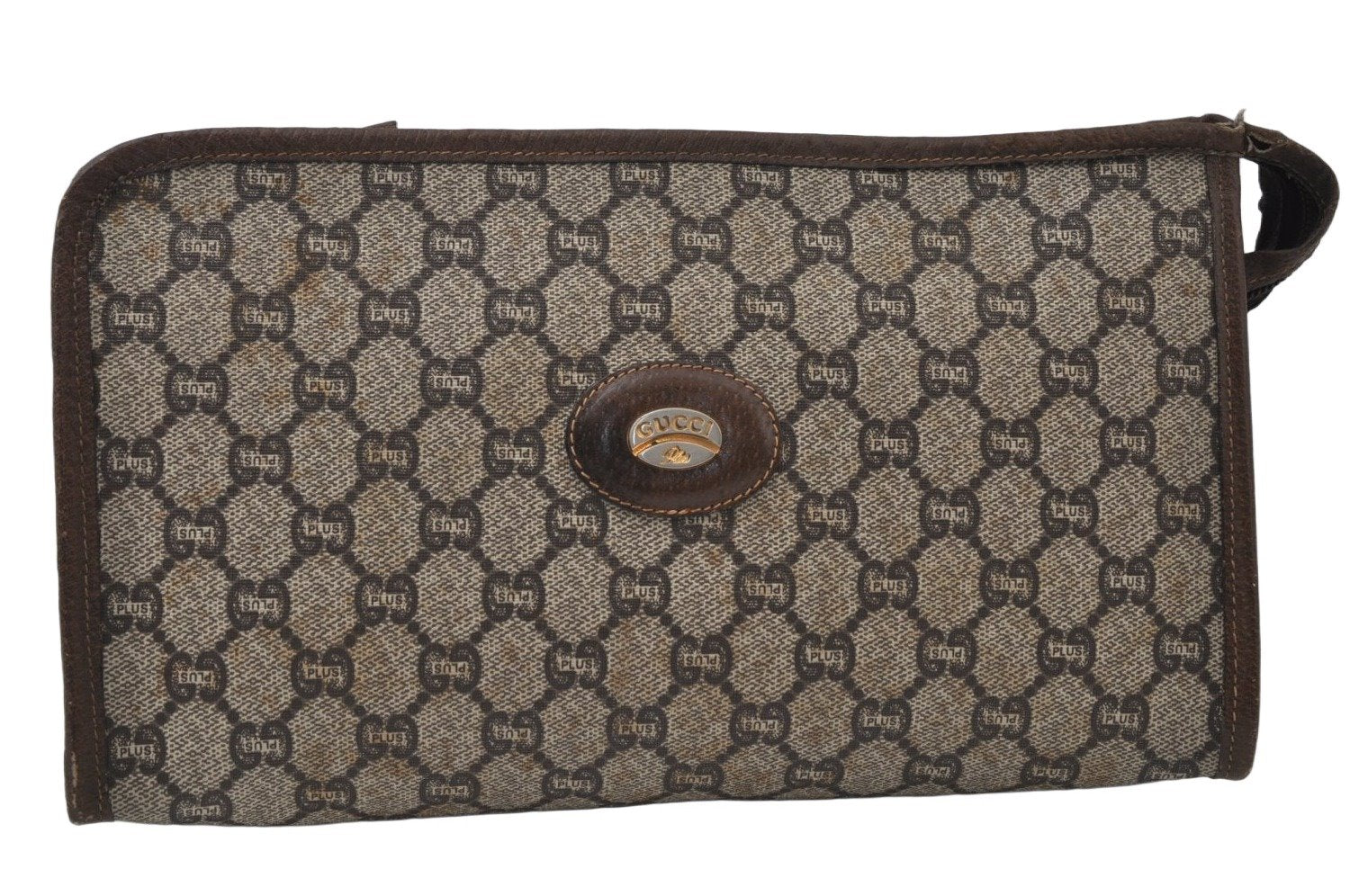 Authentic GUCCI GG Plus Vintage Clutch Hand Bag Purse PVC Leather Brown K6929