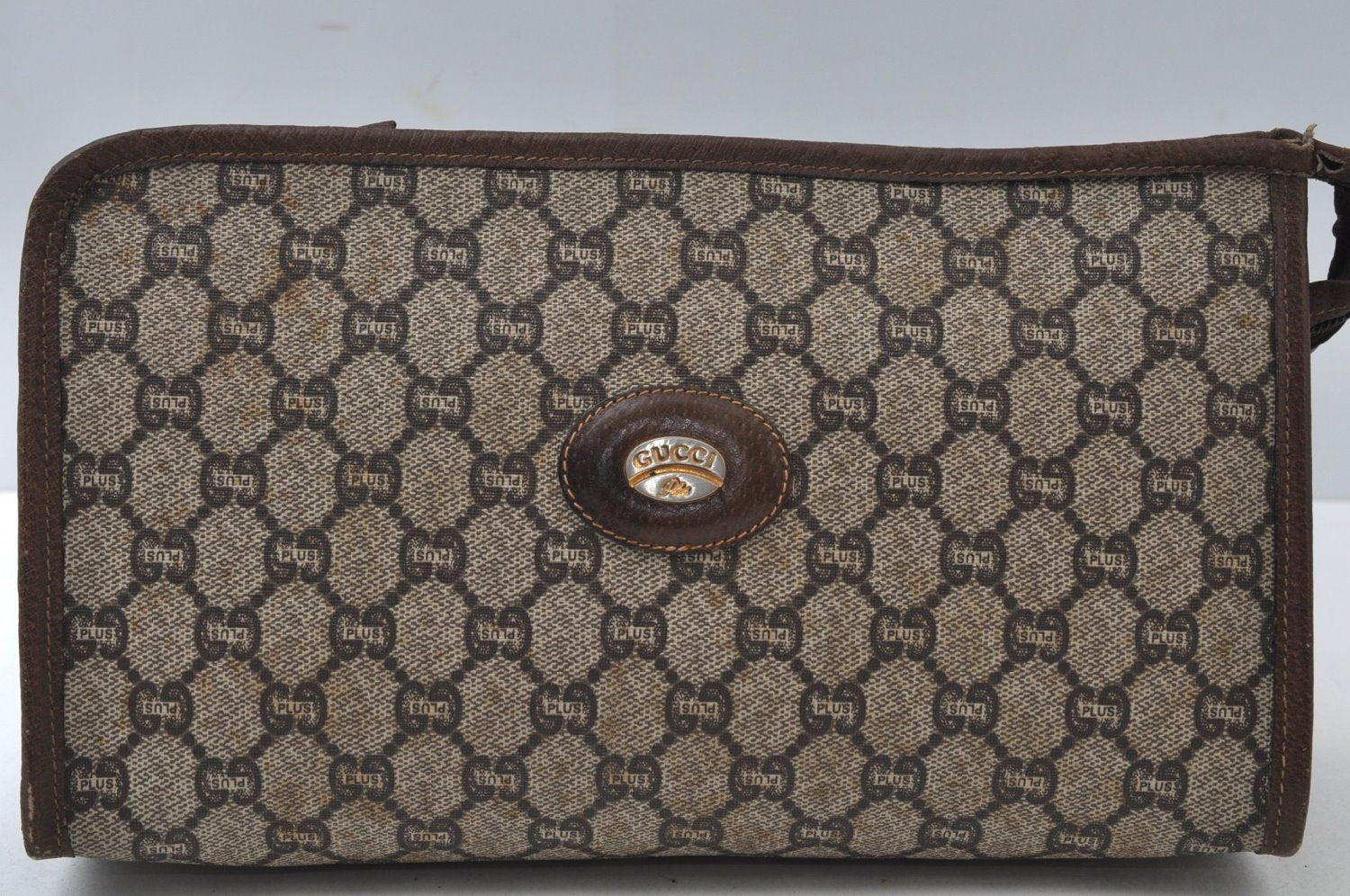 Authentic GUCCI GG Plus Vintage Clutch Hand Bag Purse PVC Leather Brown K6929