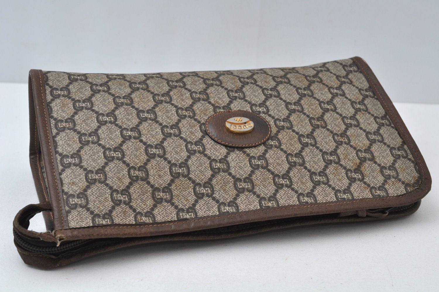 Authentic GUCCI GG Plus Vintage Clutch Hand Bag Purse PVC Leather Brown K6929
