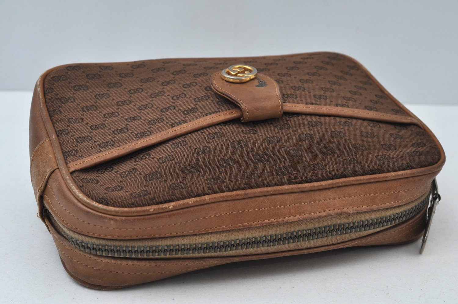 Authentic GUCCI Vintage Micro GG Canvas Leather Clutch Bag Brown K6930