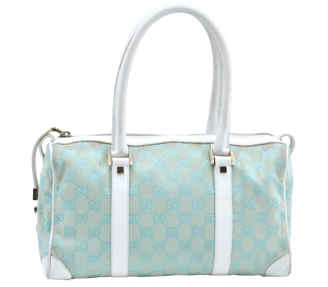 Authentic GUCCI Hand Boston Bag Purse GG Canvas Leather 0000851 Light Blue K7020