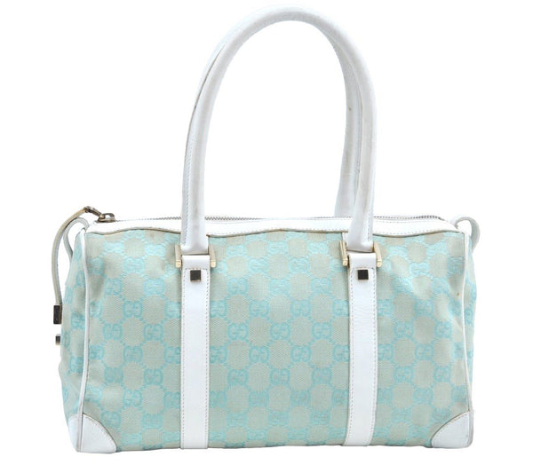 Authentic GUCCI Hand Boston Bag Purse GG Canvas Leather 0000851 Light Blue K7020