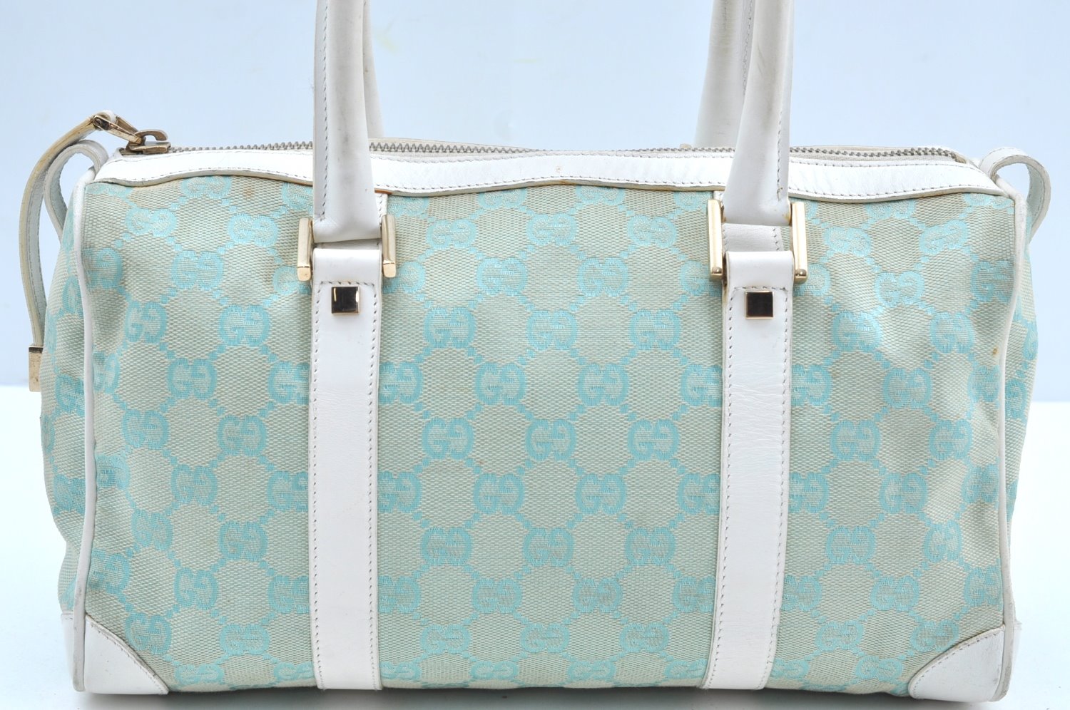 Authentic GUCCI Hand Boston Bag Purse GG Canvas Leather 0000851 Light Blue K7020