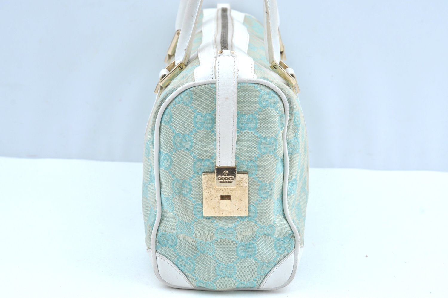 Authentic GUCCI Hand Boston Bag Purse GG Canvas Leather 0000851 Light Blue K7020