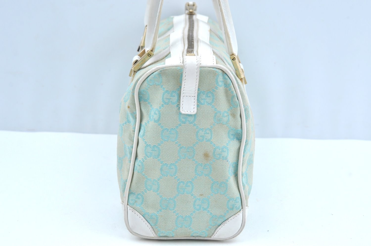 Authentic GUCCI Hand Boston Bag Purse GG Canvas Leather 0000851 Light Blue K7020