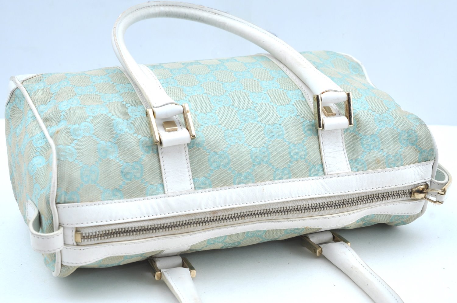 Authentic GUCCI Hand Boston Bag Purse GG Canvas Leather 0000851 Light Blue K7020