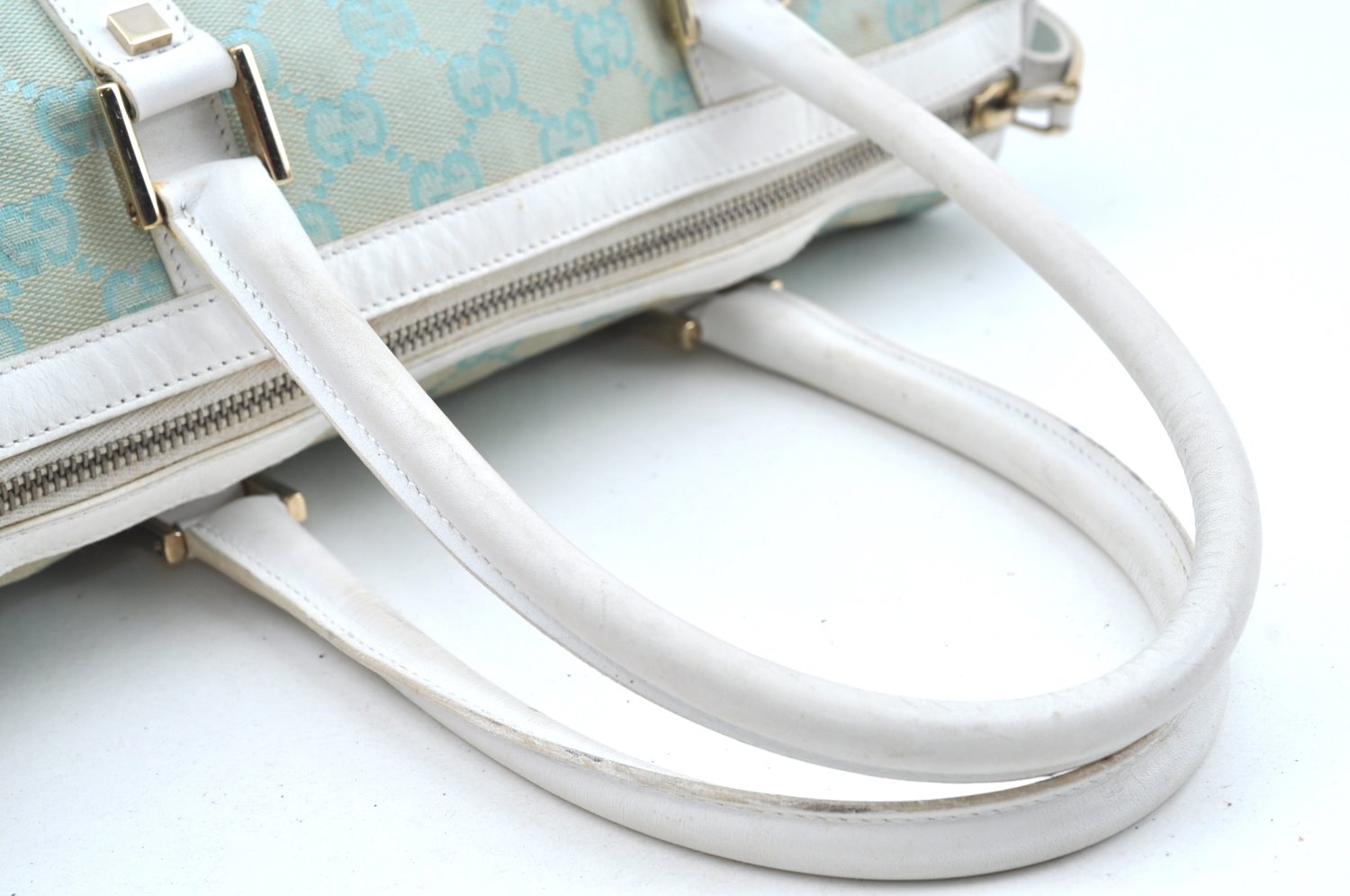 Authentic GUCCI Hand Boston Bag Purse GG Canvas Leather 0000851 Light Blue K7020