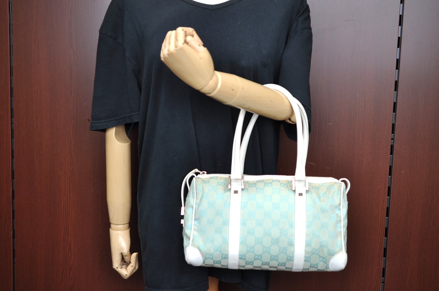 Authentic GUCCI Hand Boston Bag Purse GG Canvas Leather 0000851 Light Blue K7020